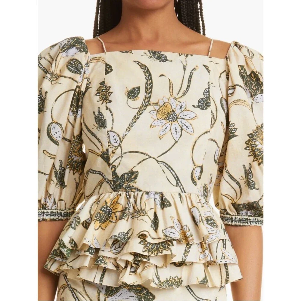 Ulla Johnson Carlotta Floral Cotton Peplum Top Puff Sleeve Lace Up Back Cottage